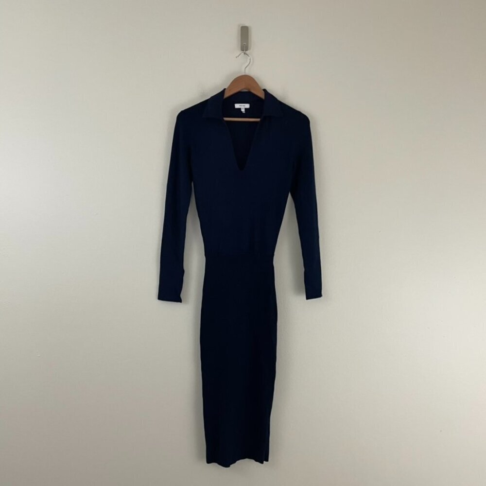 Reiss Elaina Collared Rib Knit Midi Dress in Navy Blue Size XS